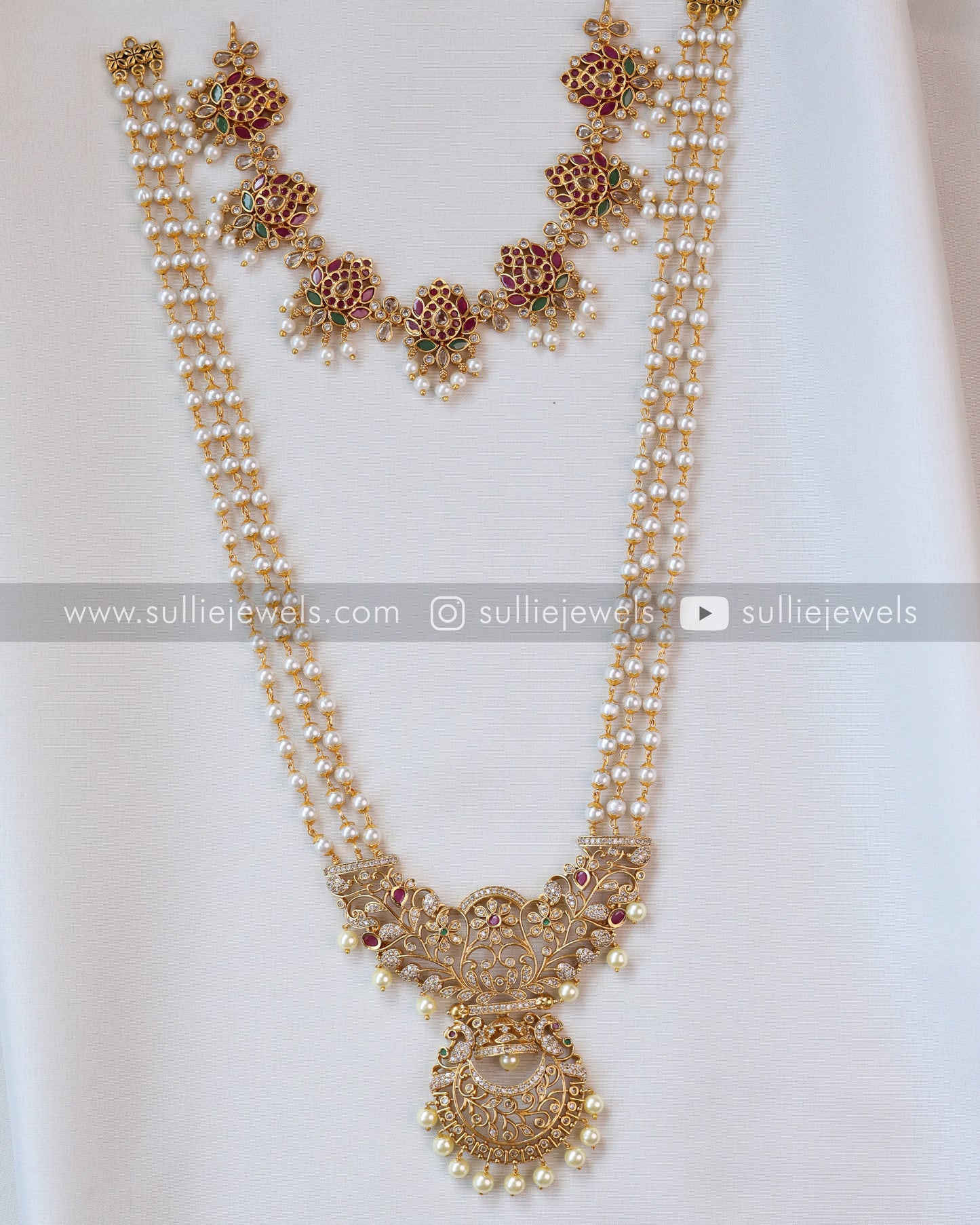 Combo - Kemp Lotus Necklace + Pearl Long Chain + 2 Set Earrings