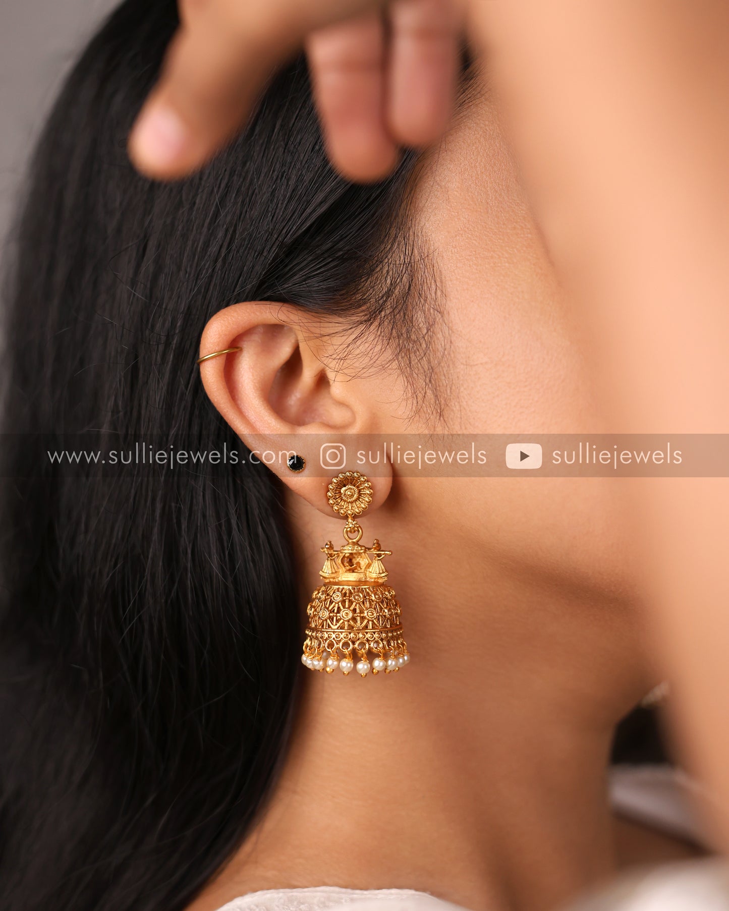 Antique Gold Jhumka with Pearl Drops