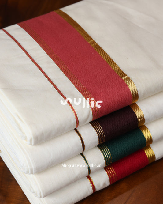 Kerala Kasavu Cotton Saree with Chilli Red Border | Onam Saree