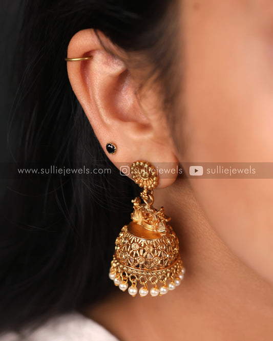 Antique Gold Jhumka with Pearl Drops