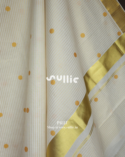 Kerala Kasavu Cotton Saree with Stripes & Polka Dots | Onam Saree