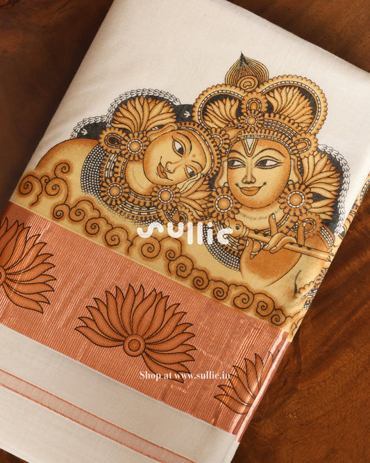 Radha Krishna Mural Kasavu Saree with Rose Gold Kara | Onam Saree