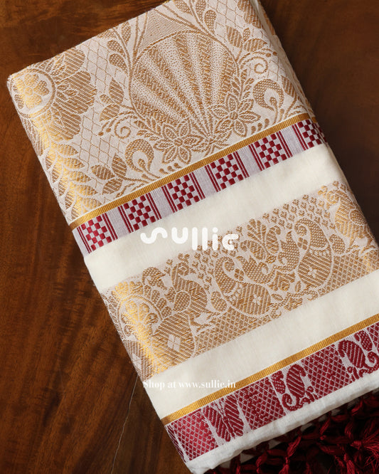 Woven Whispers in Red | Kerala Kasavu Saree with Red Threadwork