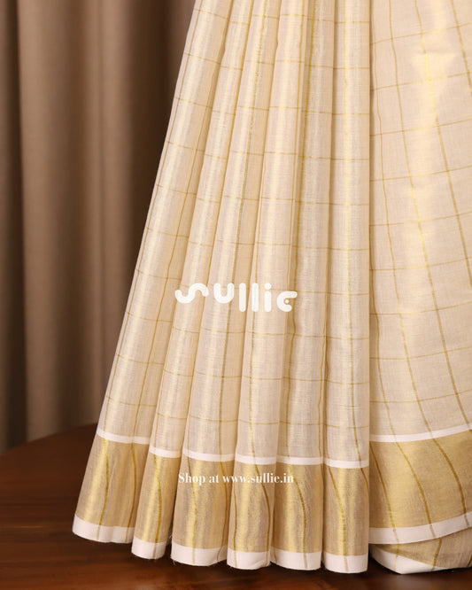 Swarna Rekha - Gold Tissue Kasavu Saree with Subtle Grid Weave | Onam Saree