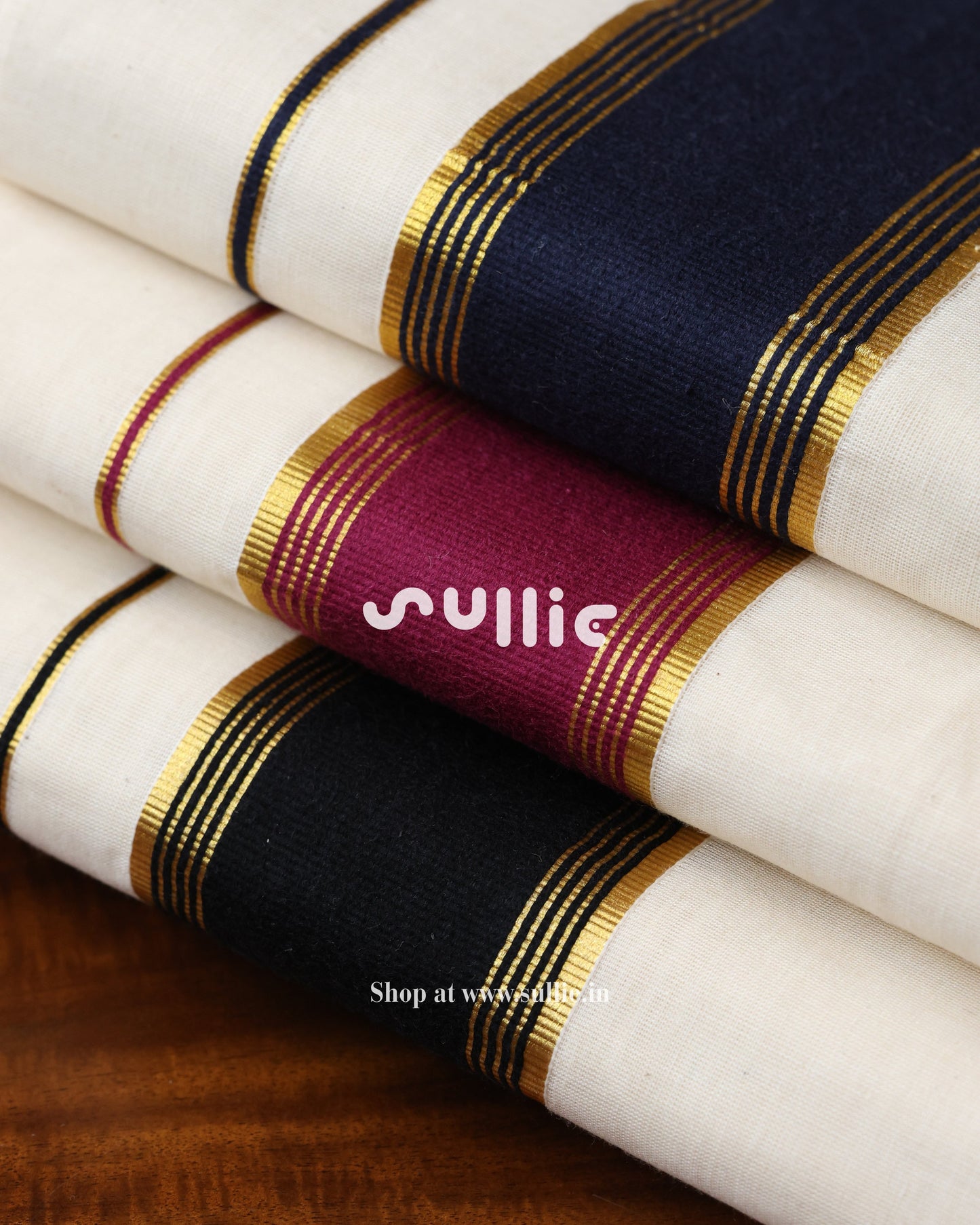 Kerala Kasavu Cotton Saree with Contrast Border | Onam Saree | Black - Pink - Blue