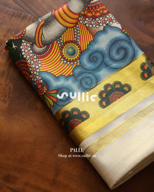 Divine Embrace - Kerala Tissue Saree with Krishna-Calf Mural | Onam Saree