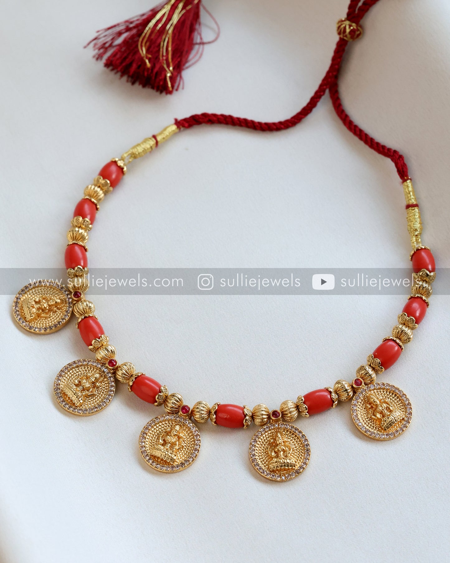 Coral Stone Premium Lakshmi Coin Necklace
