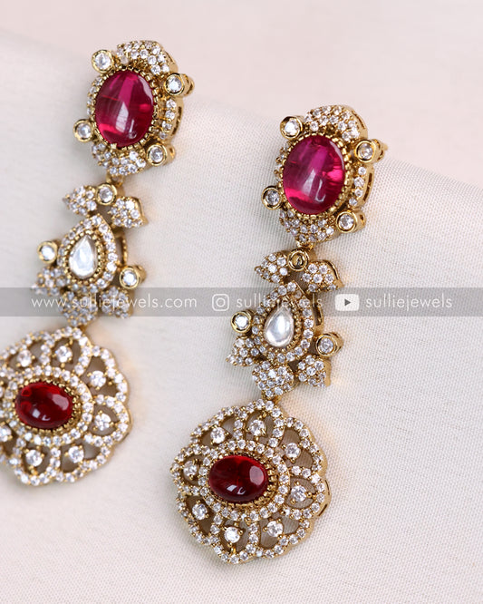 Two Layer Victorian Emerlad Polki Longchain / Haaram with Earrings - Ruby