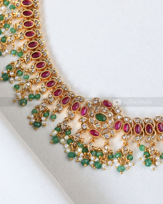 3911 - Premium AD Ruby Stone Pearl & Mint Beads Necklace with Earring