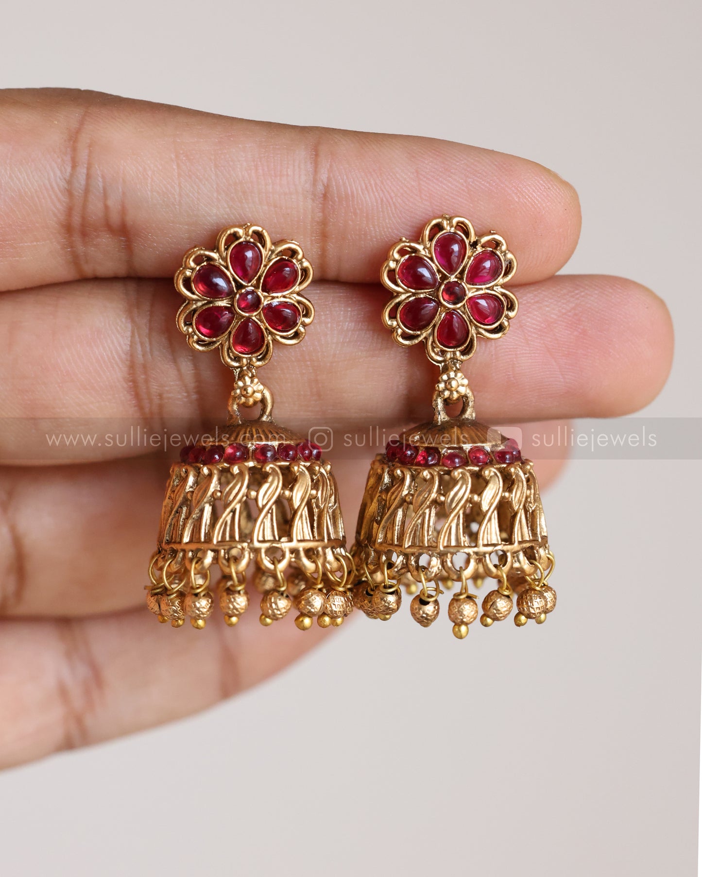 3881 - Ruby Stone Flower Necklace with Jhumka