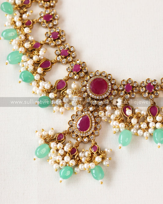 Floral Premium Ruby & White Stone Necklace with Mint beads