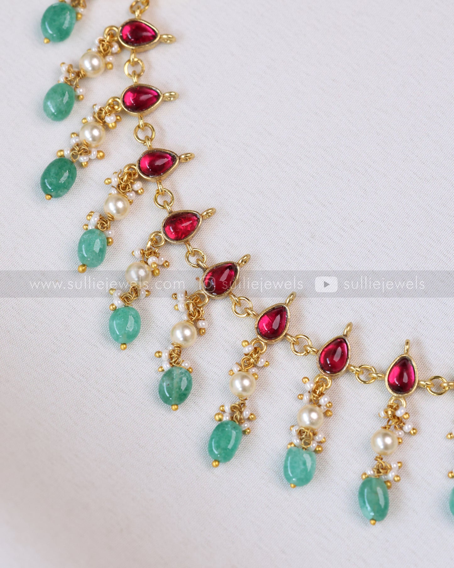 3709 - Jadau Kemp Pearl & Mint Beads Necklace with Earring