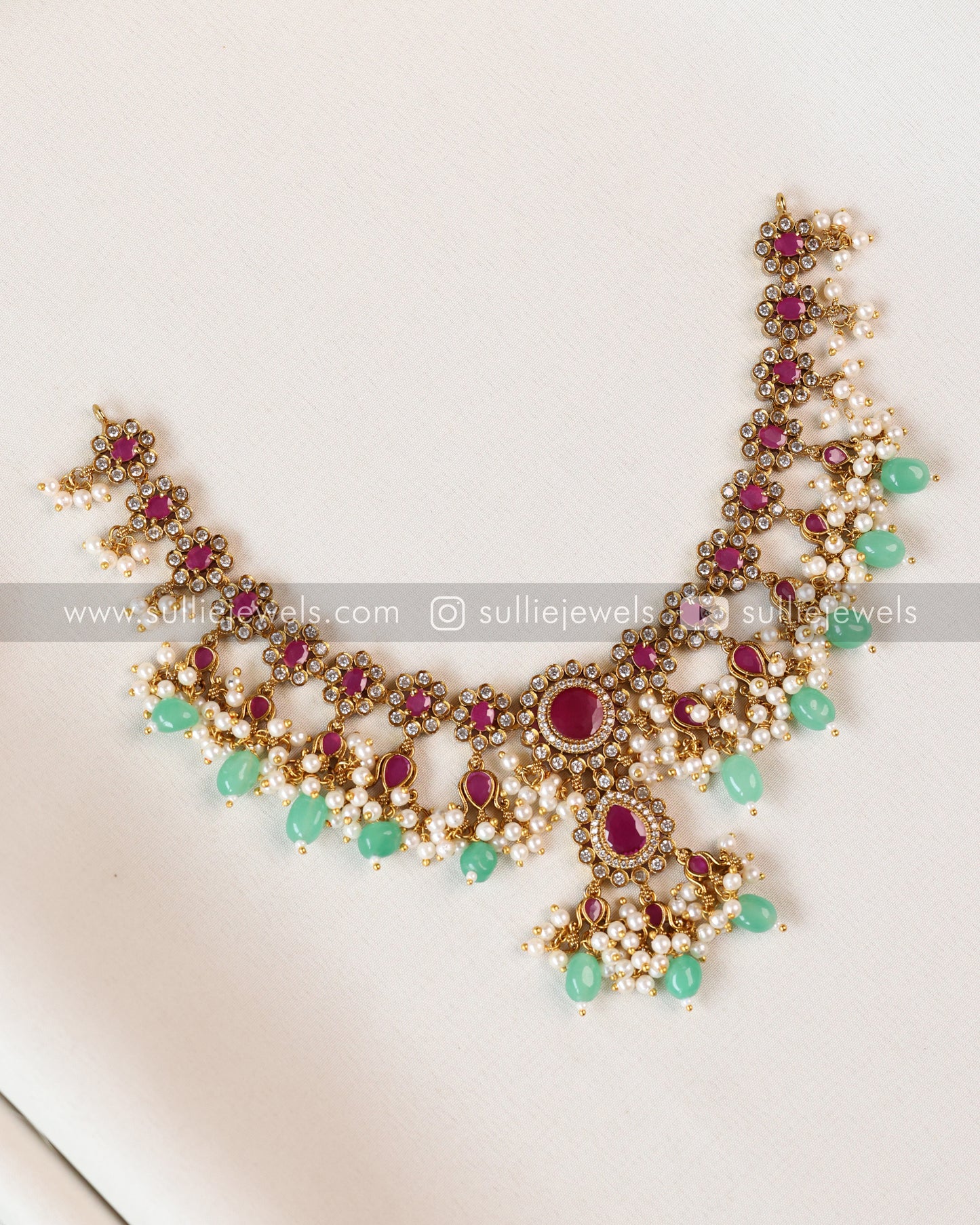 Floral Premium Ruby & White Stone Necklace with Mint beads