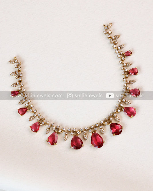 Raindrop Premium Stone Necklace with Earring - Ruby
