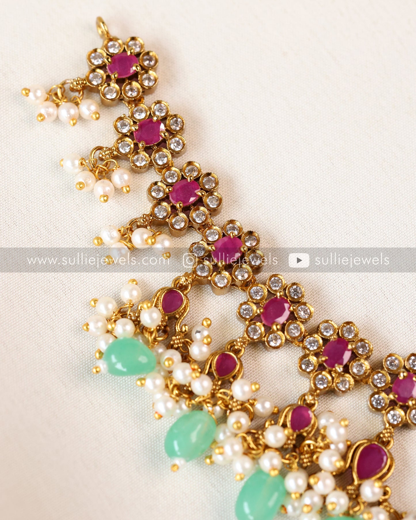Floral Premium Ruby & White Stone Necklace with Mint beads