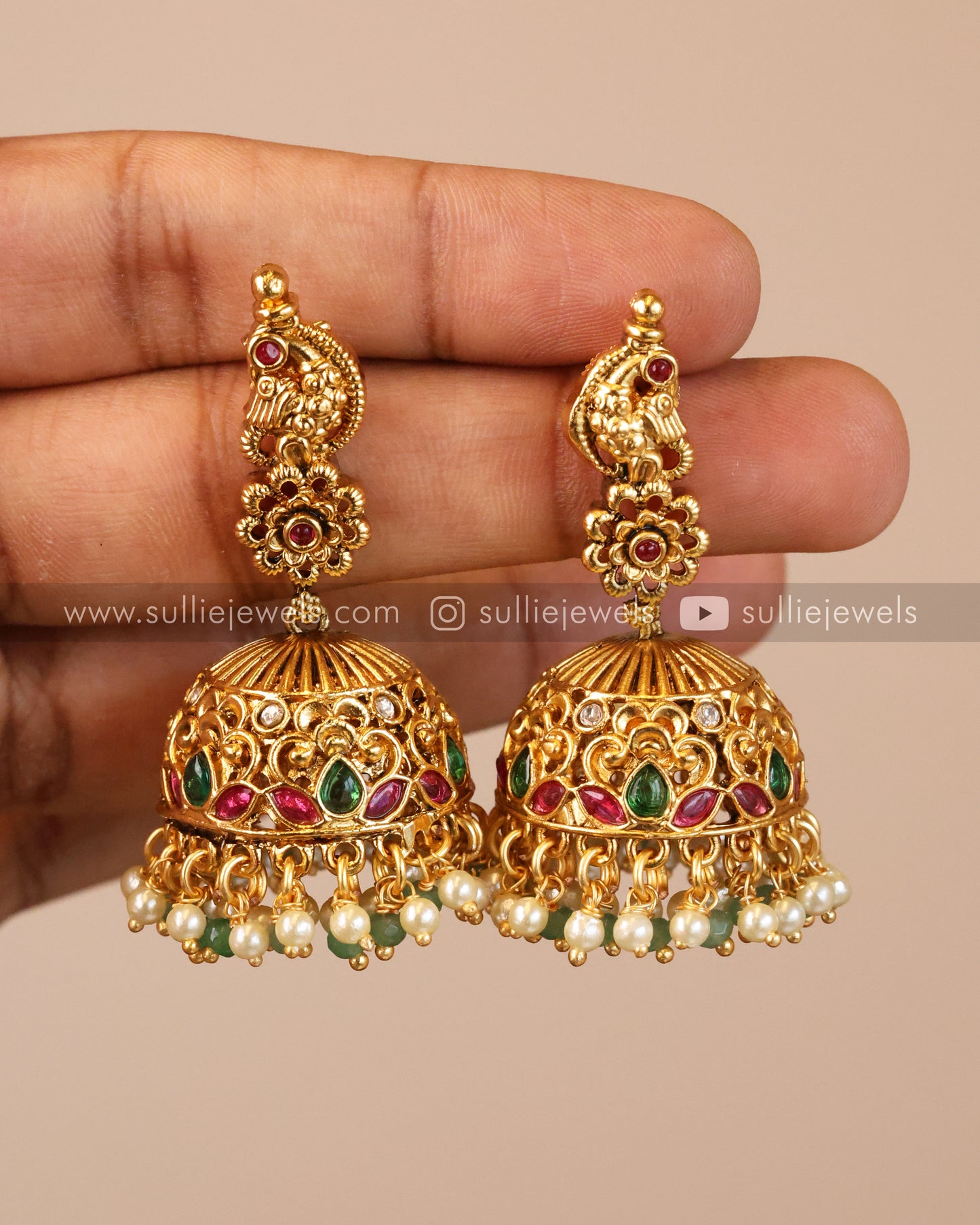 Lakshmi Premium Antique Bridal Necklace with Jhumka - Mint Beads