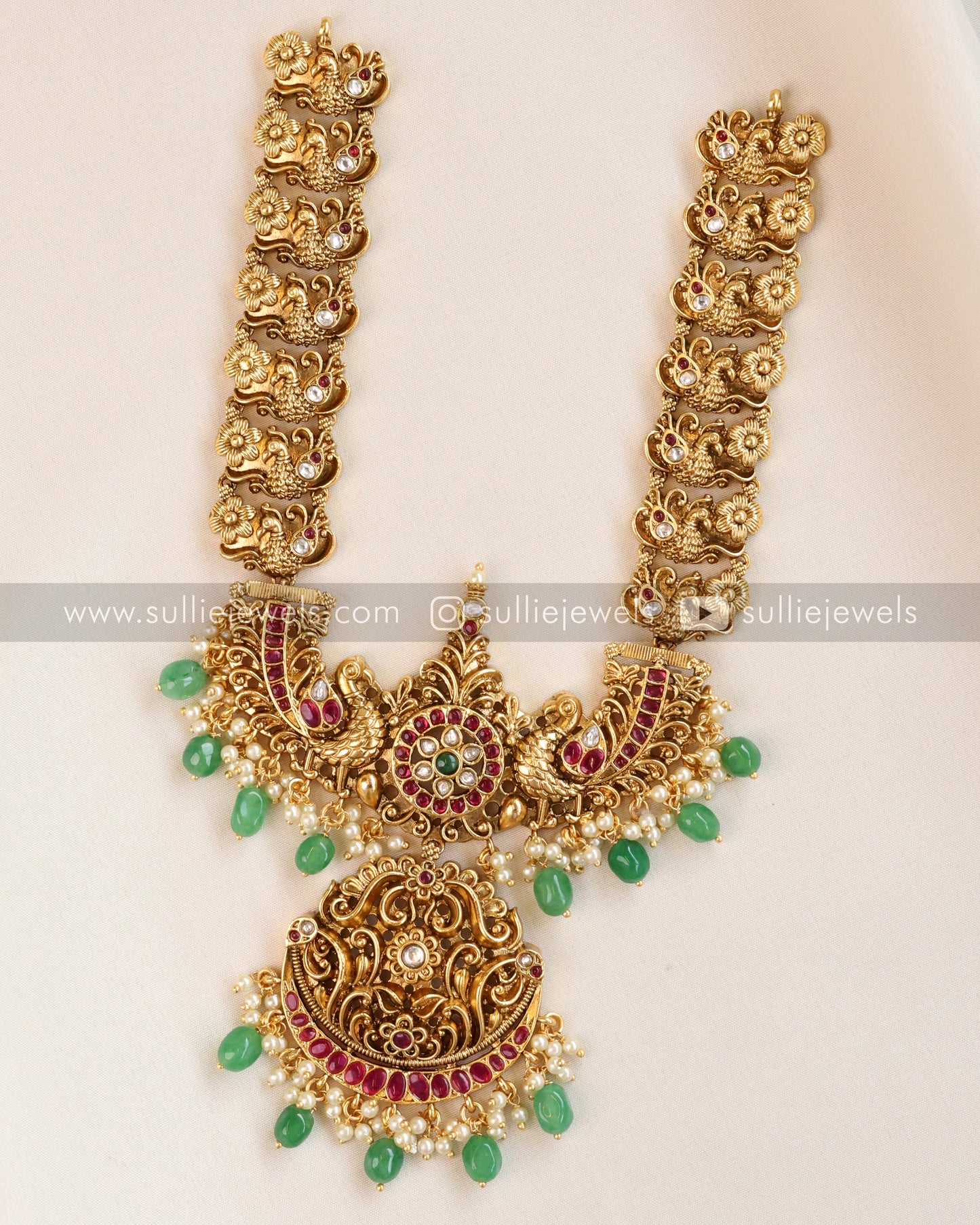 No Idol Premium Antique Peacock Necklace with Jhumka - Mint Beads