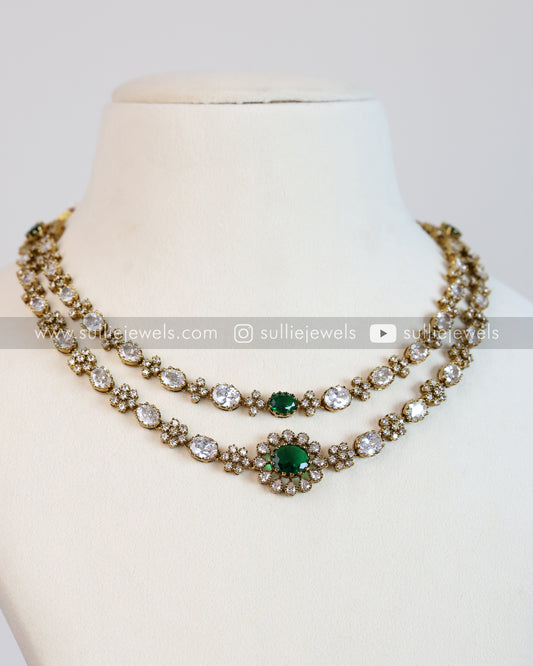 Floral Green Two layered Victorian Necklace with Studs
