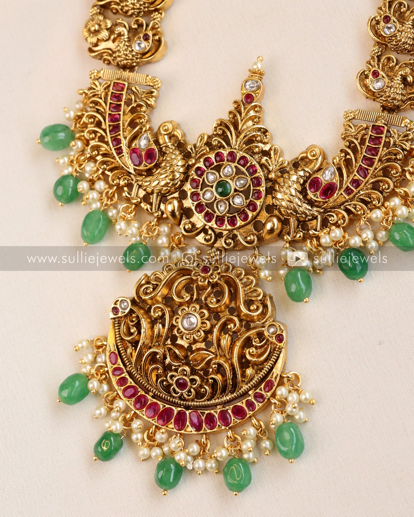 No Idol Premium Antique Peacock Necklace with Jhumka - Mint Beads