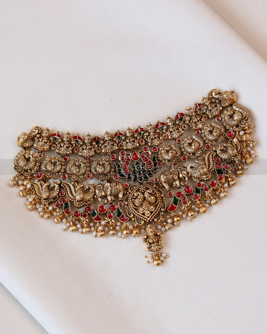 Sullie Basic - Detailed Lakshmi Heavy Choker with Earring ( Gold Beads )