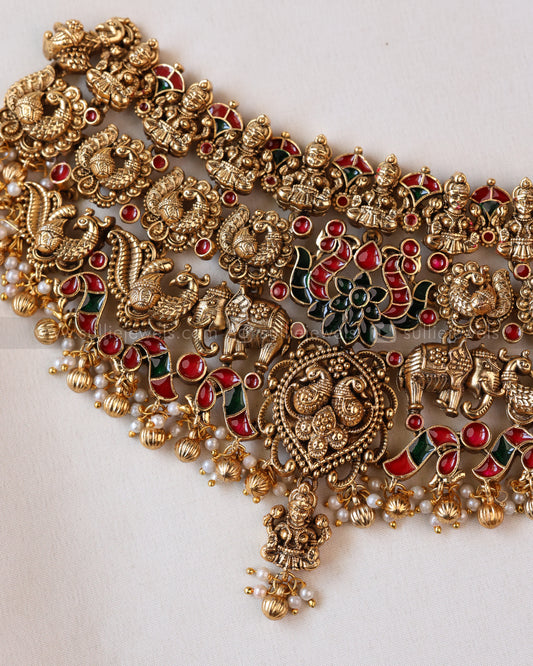 Sullie Basic - Detailed Lakshmi Heavy Choker with Earring ( Gold Beads )