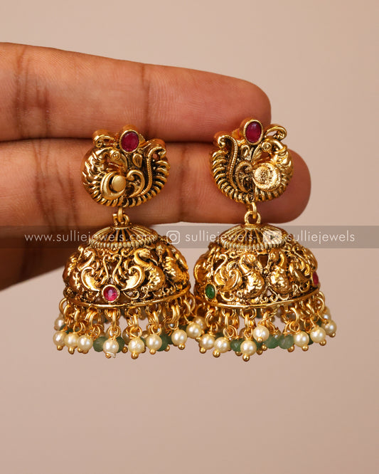 No Idol Premium Antique Peacock Necklace with Jhumka - Mint Beads