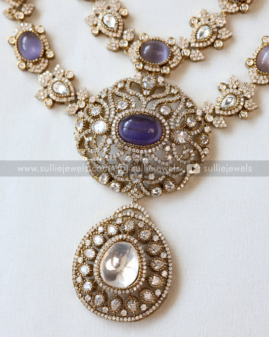 Two Layer Victorian Emerlad Polki Longchain / Haaram with Earrings - Violet