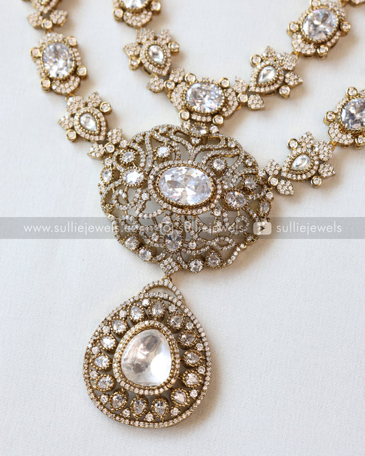 Two Layer Victorian Polki Longchain / Haaram with Earrings - White