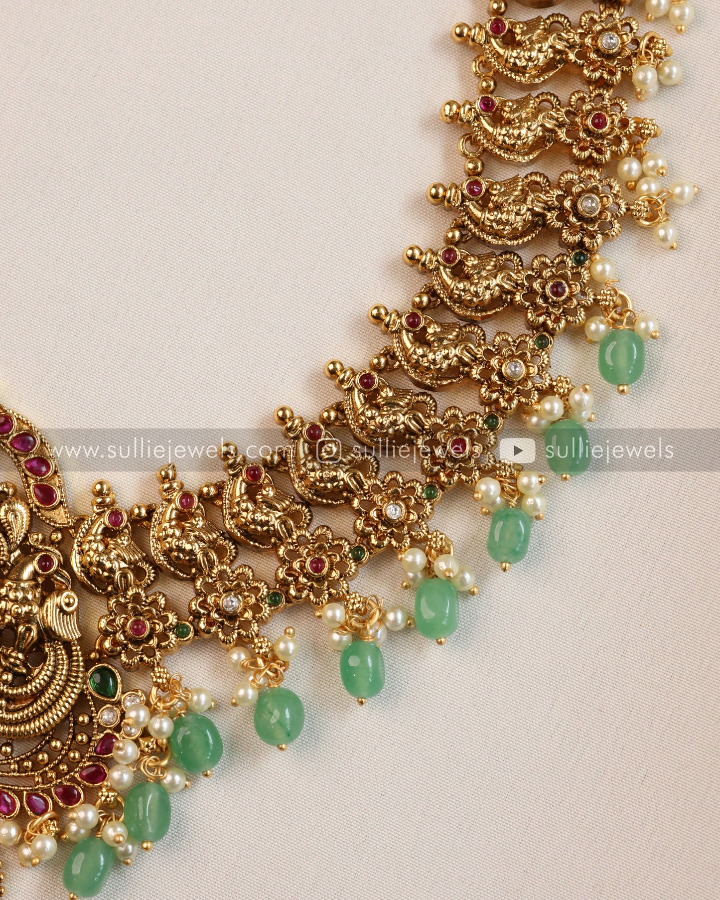 Lakshmi Premium Antique Long Chain/Haaram with Jhumka - Mint Beads