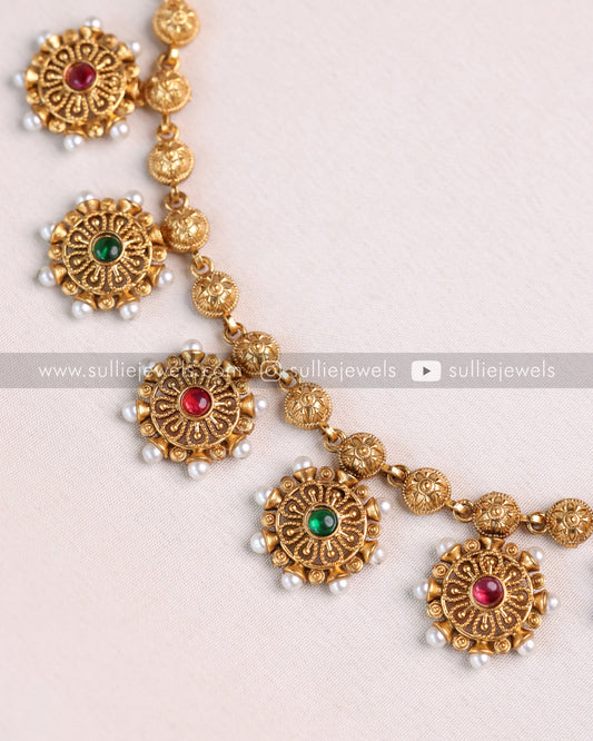 Multi Stone Floral Gold Necklace with Earring