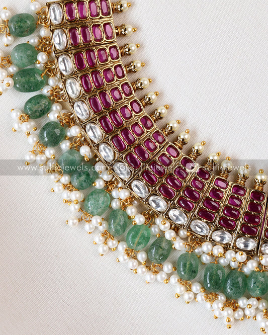 Premium Kemp & Mint Beads Heavy Necklace with Earring