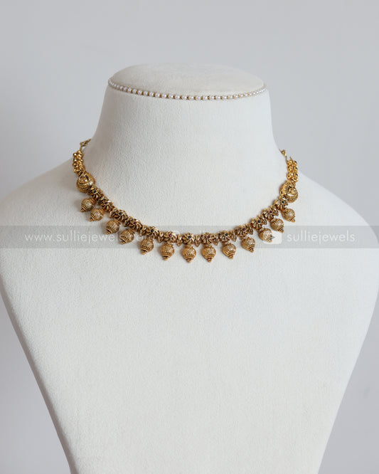 3905 - No Idol Gold Beads Floral Necklace with Jhumka