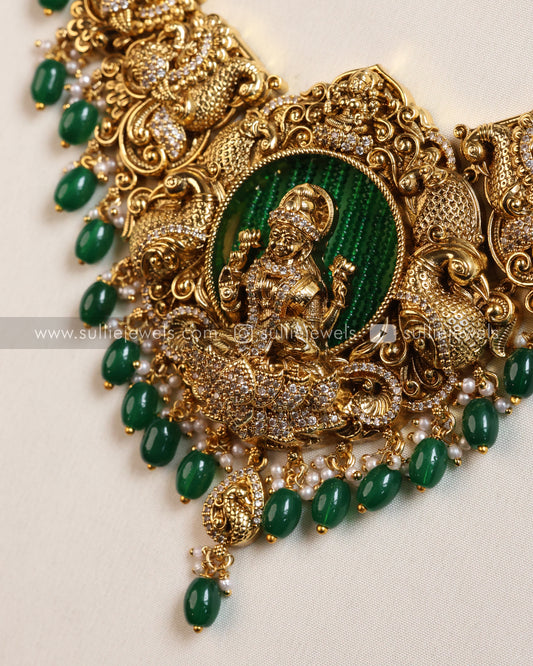 Goddess Premium Designer Long Chain/Haaram with Earring - Green Beads