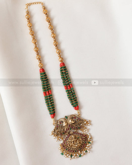 Sullie Basic - Peacock Lakshmi Pendant with Green & Coral Beads with Jhumka