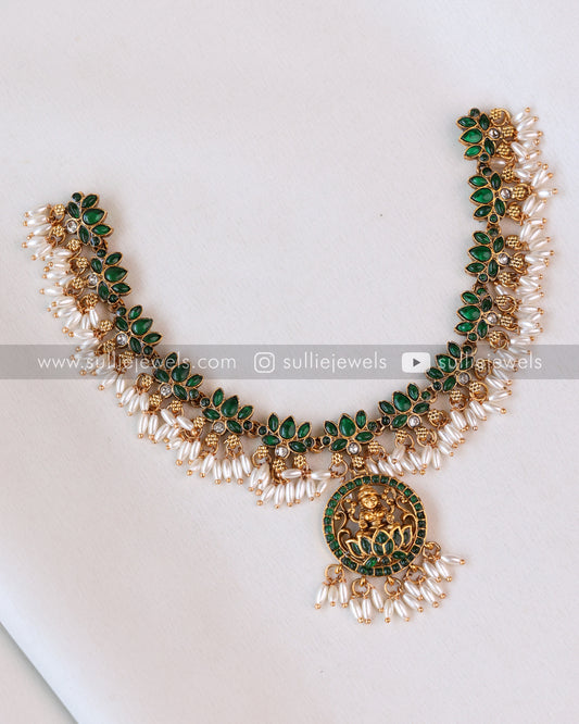 Lakshmi Pendant Green Stone Lotus layered Combo