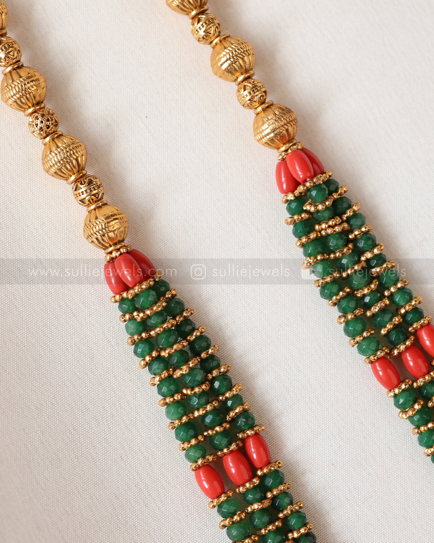 Sullie Basic - Peacock Lakshmi Pendant with Green & Coral Beads with Jhumka