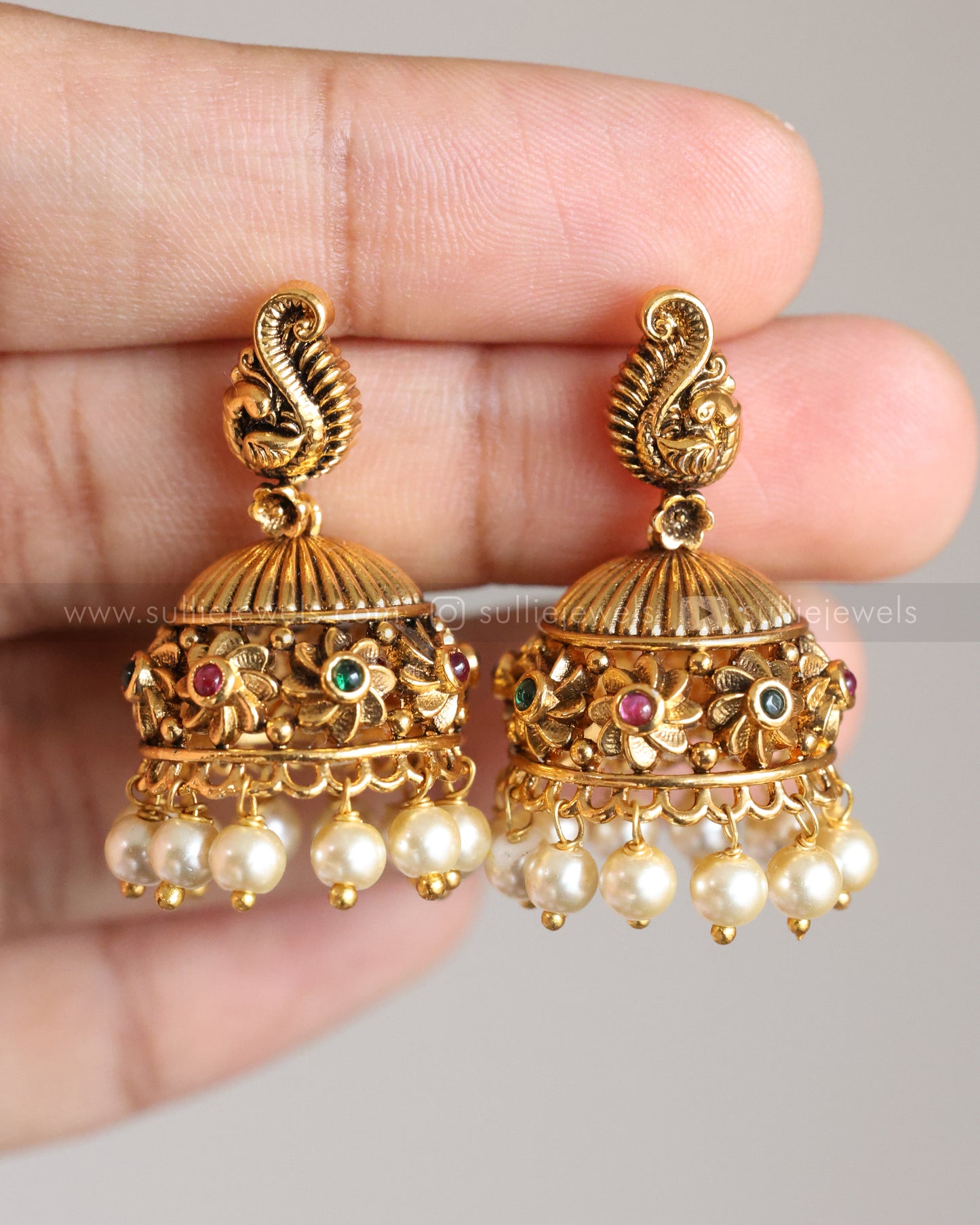 3905 - No Idol Gold Beads Floral Necklace with Jhumka