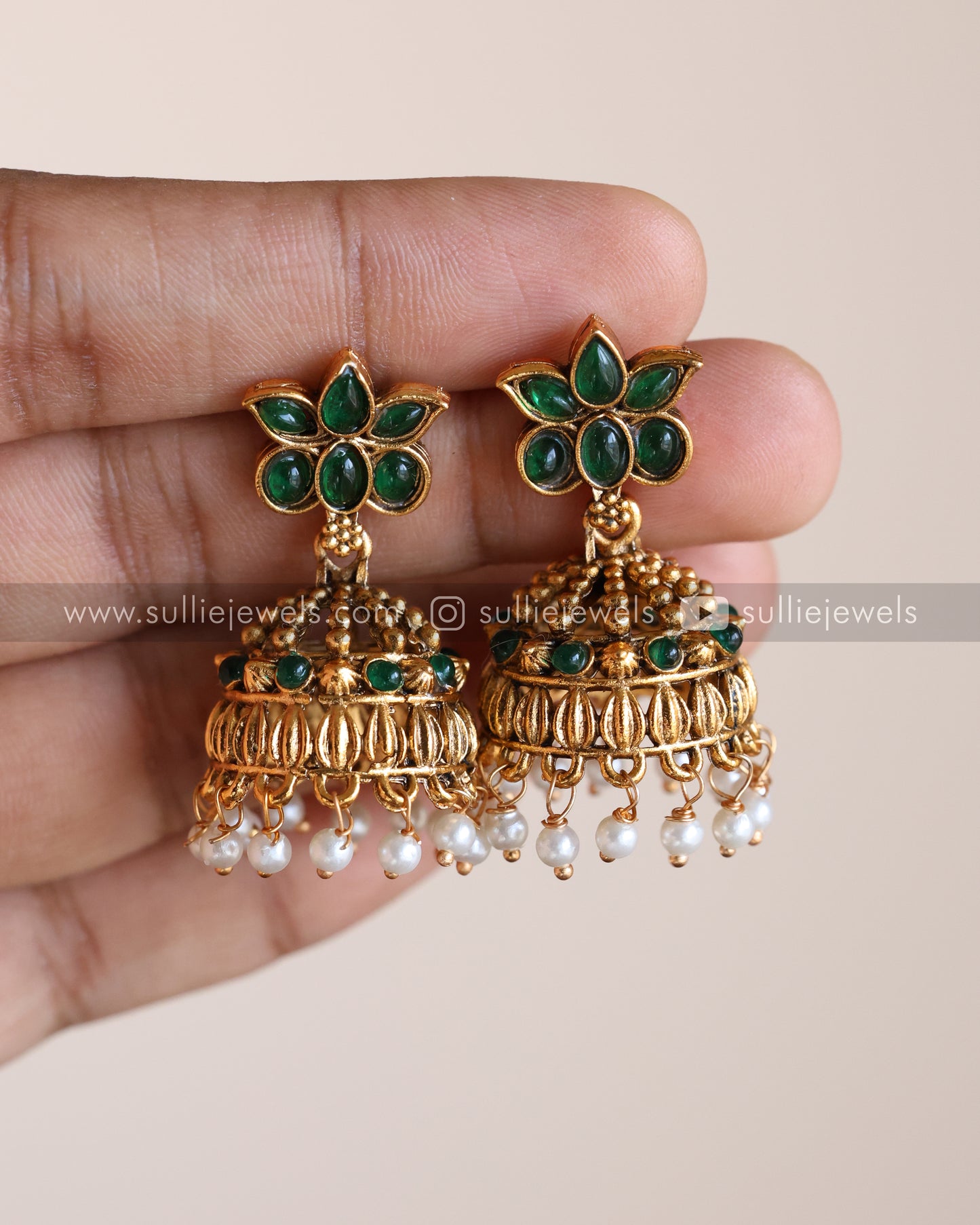 Lakshmi Pendant Green Stone Lotus layered Combo