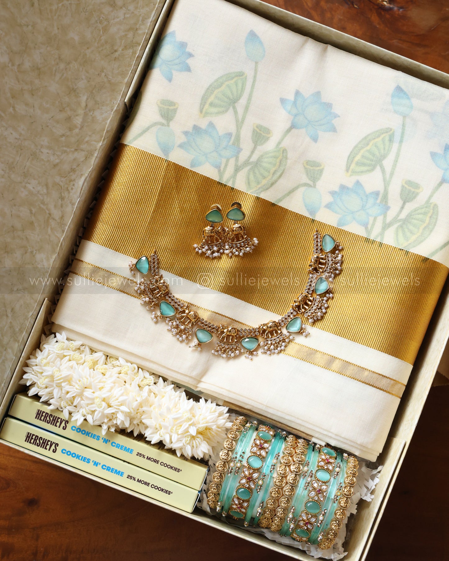 Onam Gift Hamper - saree, bangle set, necklace with earring, jasmine & chocolates