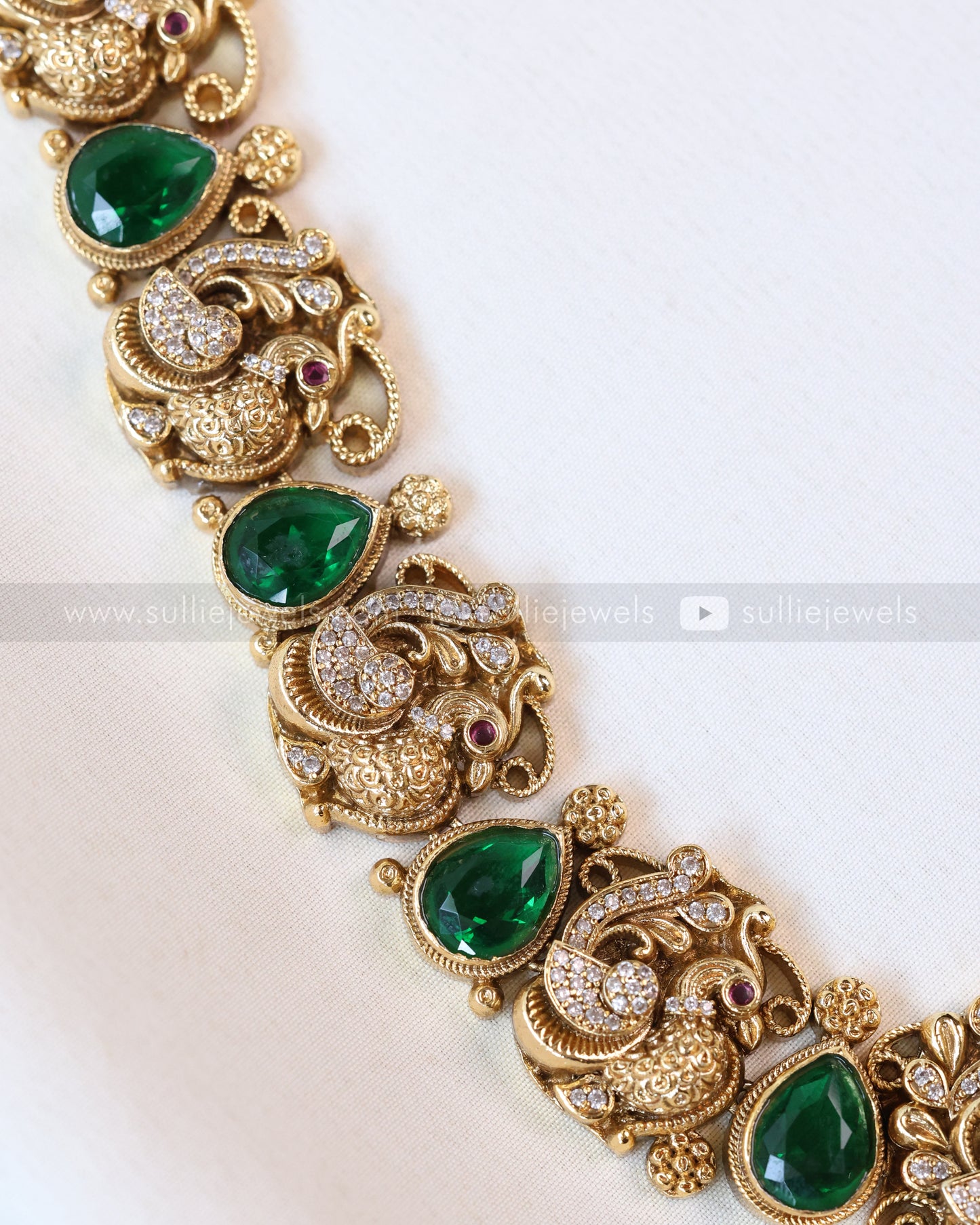 7150 - Premium Emerald Peacock Venkateshwara Stonework Haaram with Earring