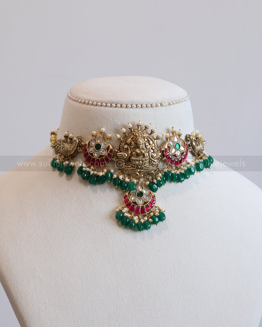 Jadau Kemp Premium Choker with Green Beads