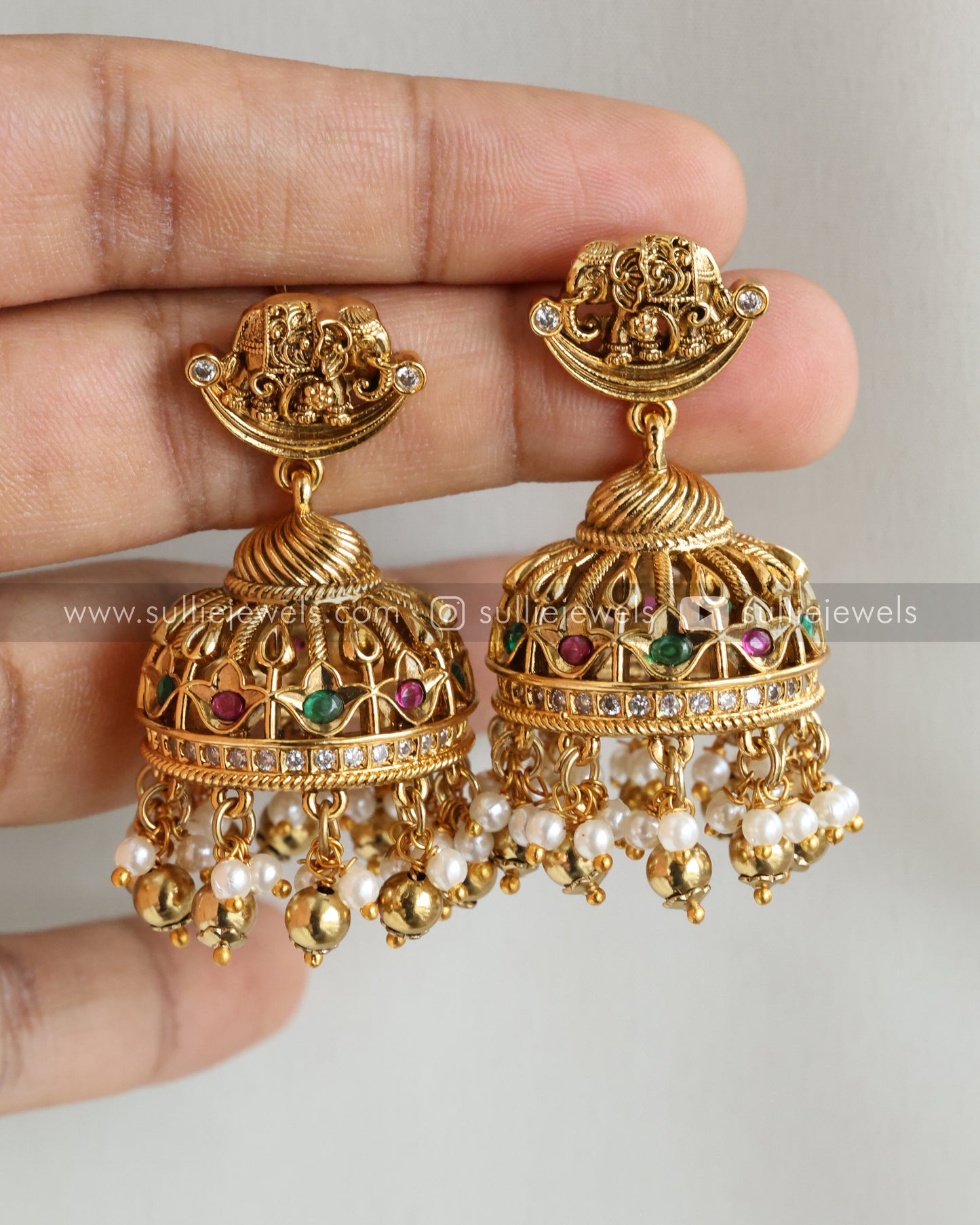 Premium Elephant Design Jhumka with Gold Beads