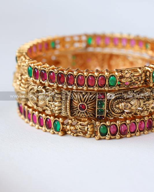 Sullie Basic - Lakshmi Red & Green Stone Gold Bangle - Set of 3