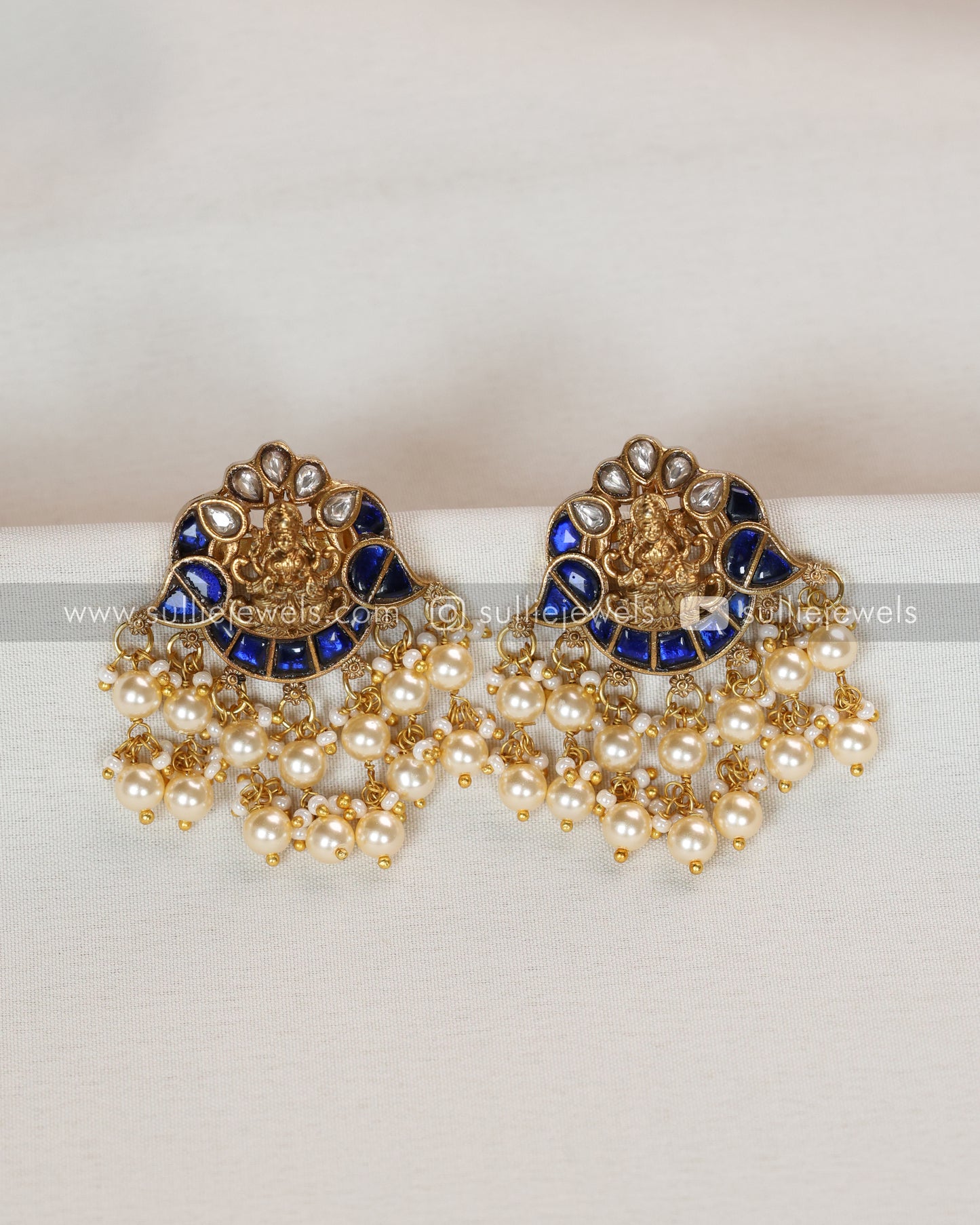 Luxe Goddess Blue Kundan Pearls Lakshmi Necklace with Earring