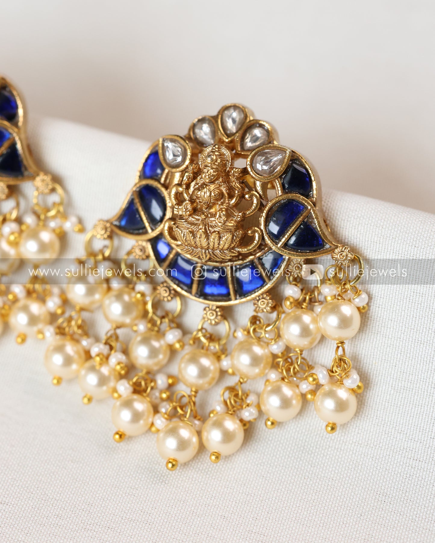 Luxe Goddess Blue Kundan Pearls Lakshmi Necklace with Earring