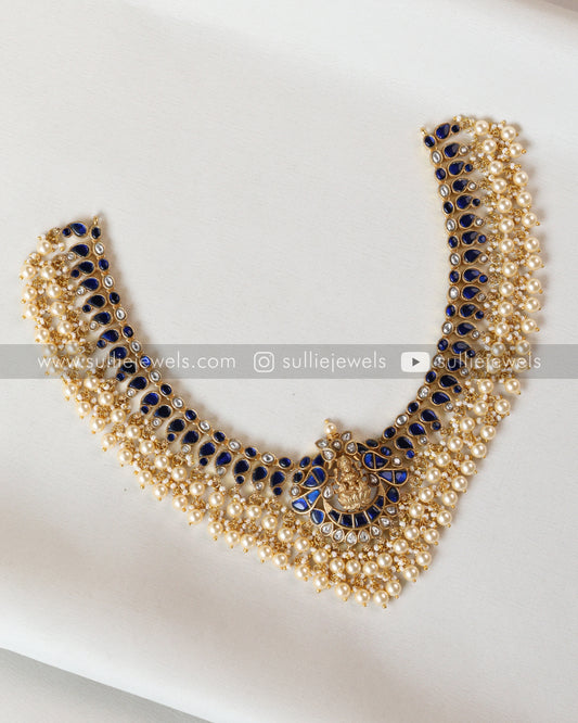 Luxe Goddess Blue Kundan Pearls Lakshmi Necklace with Earring