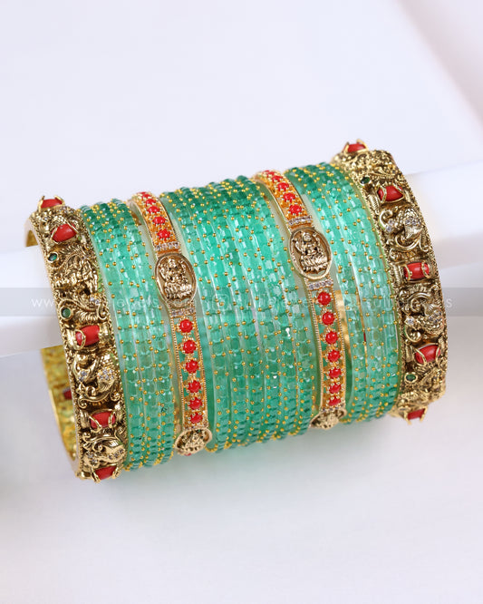 Lakshmi Temple Coral & Turquoise Glass Bangle Combo - Set of 16 Bangles