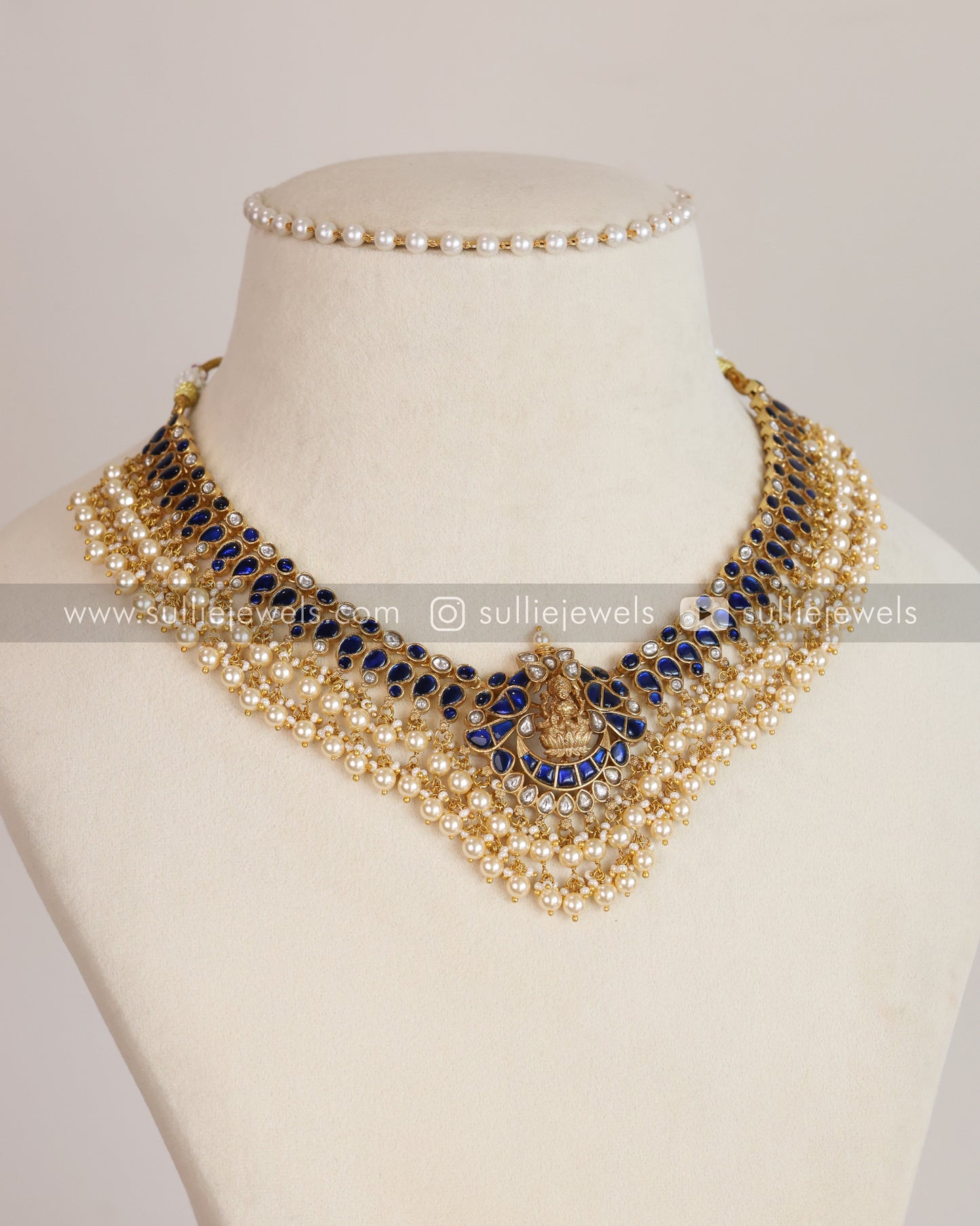 Luxe Goddess Blue Kundan Pearls Lakshmi Necklace with Earring
