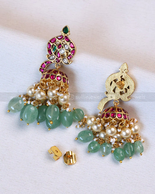 E1186 - Premium Real Jadau Kemp Peacock Earring with Mint Beads