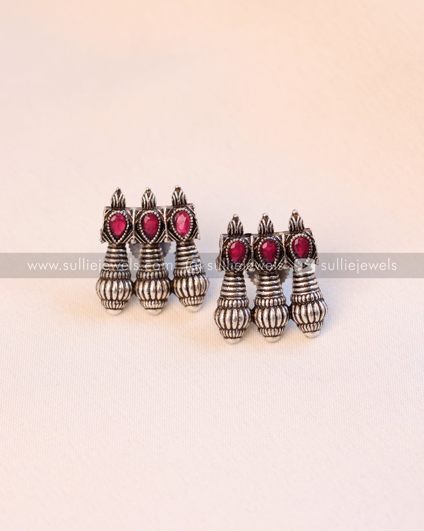 Pink Stone Oxidised Necklace with Stud
